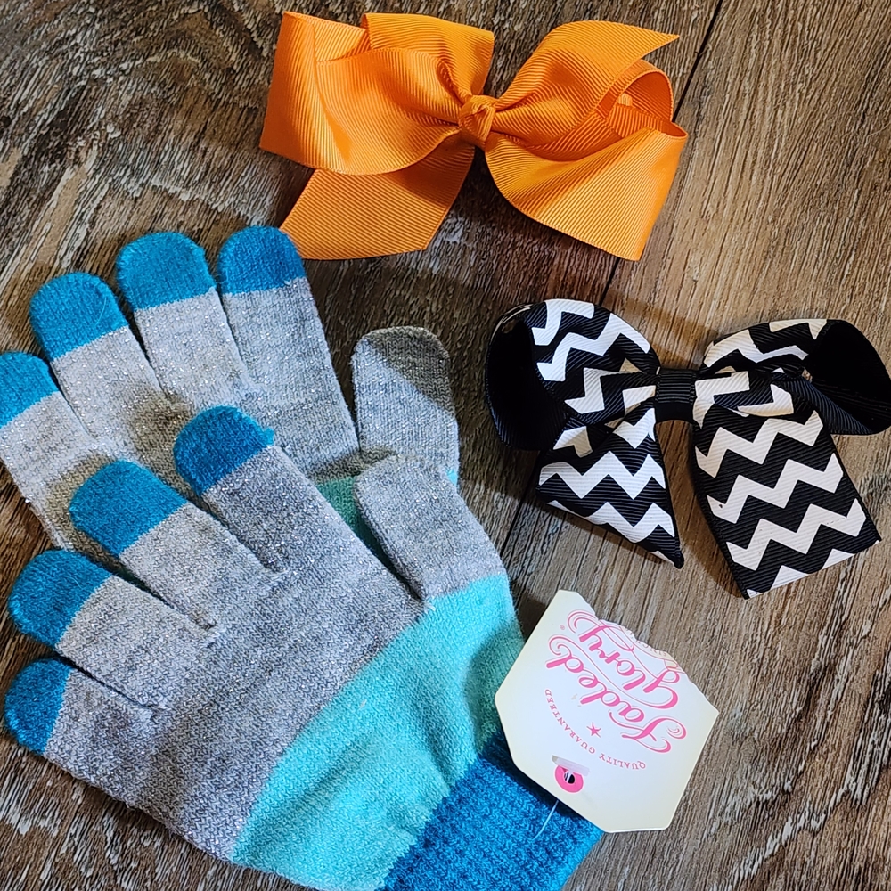 5/$15 Bundle Deal Colorful Kids Gloves and Bow Set